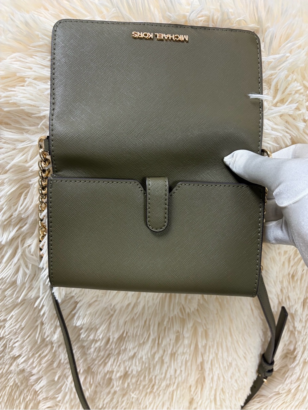 Michael Kors Olive Saffiano Leather Chain Wallet with Gold Hardware